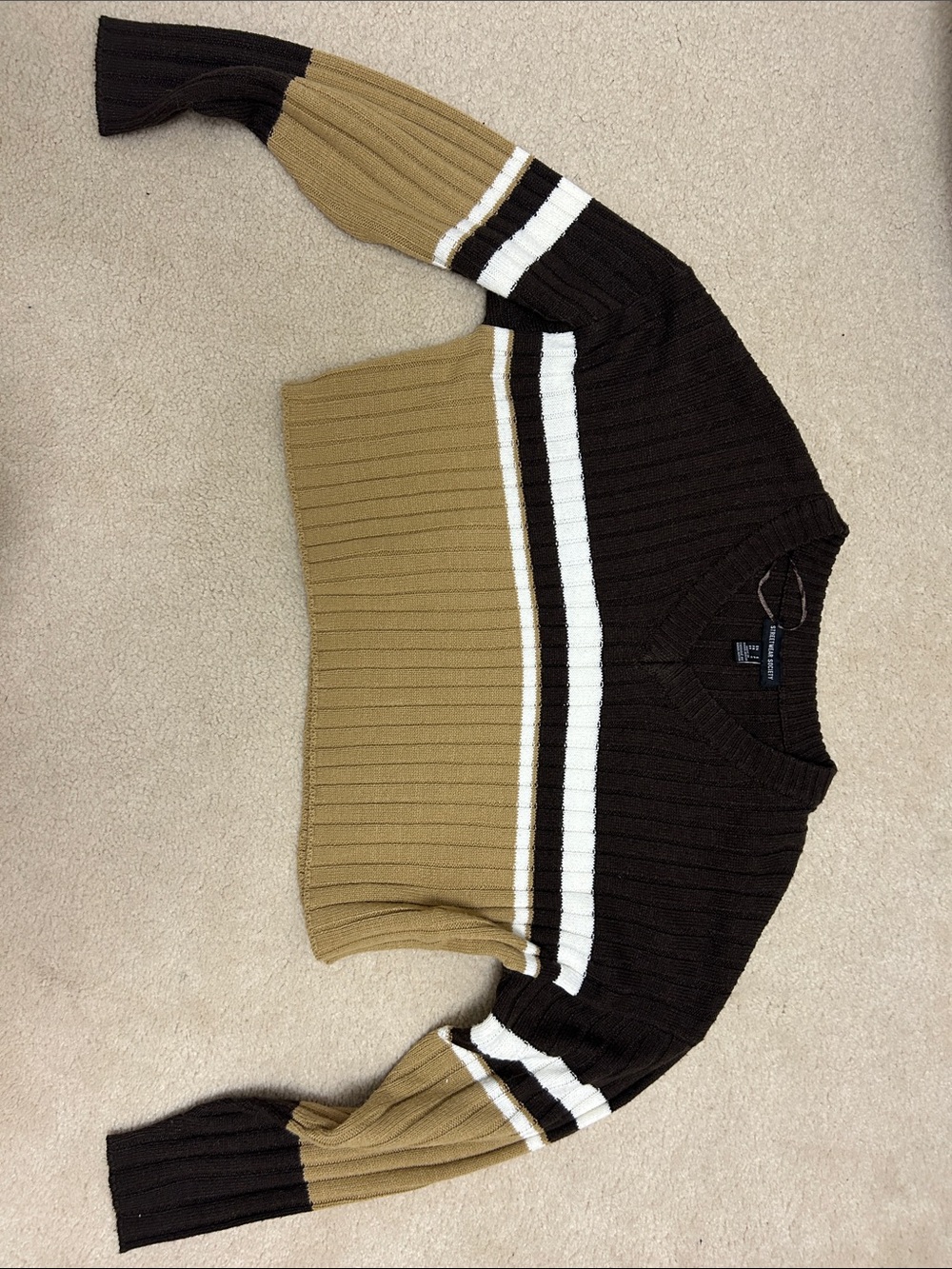 Urban Planet Brown, Camel & White Ribbed Crewneck Sweater